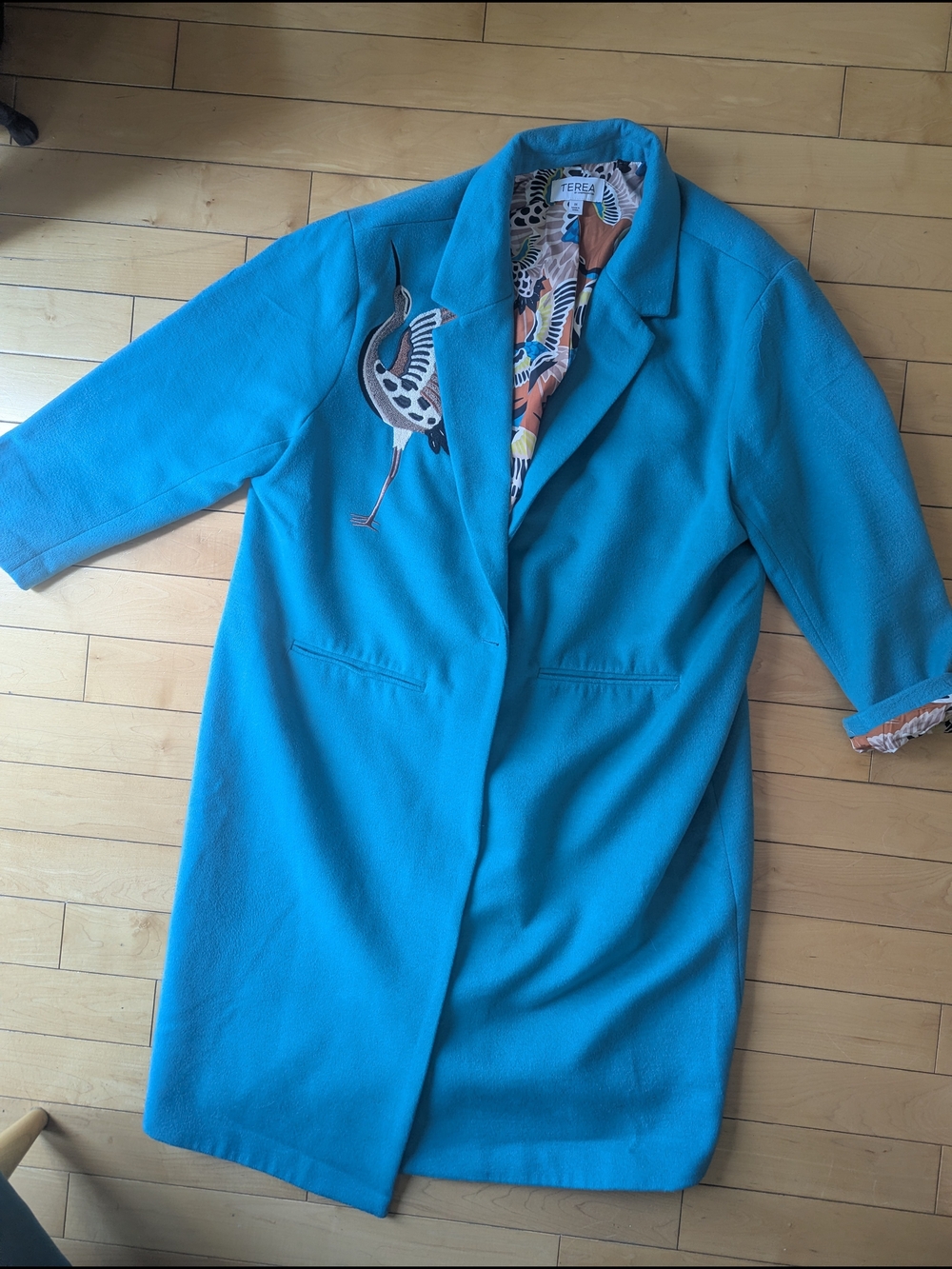 Terea By Andrea Pitter - Teal Long Women's Coat with Bird Embroidery And Lining
